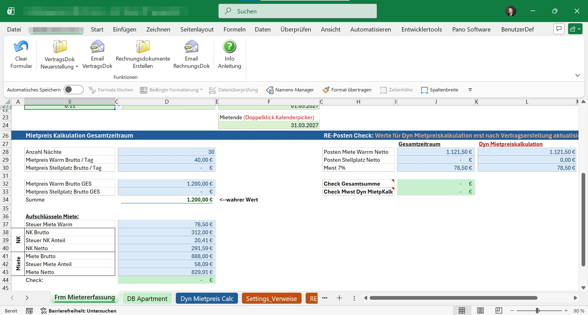 Excel-Erfassungsmaske mit Funktionen für Vertrags- und Rechnungsdokumente sowie berechneten Beträgen.