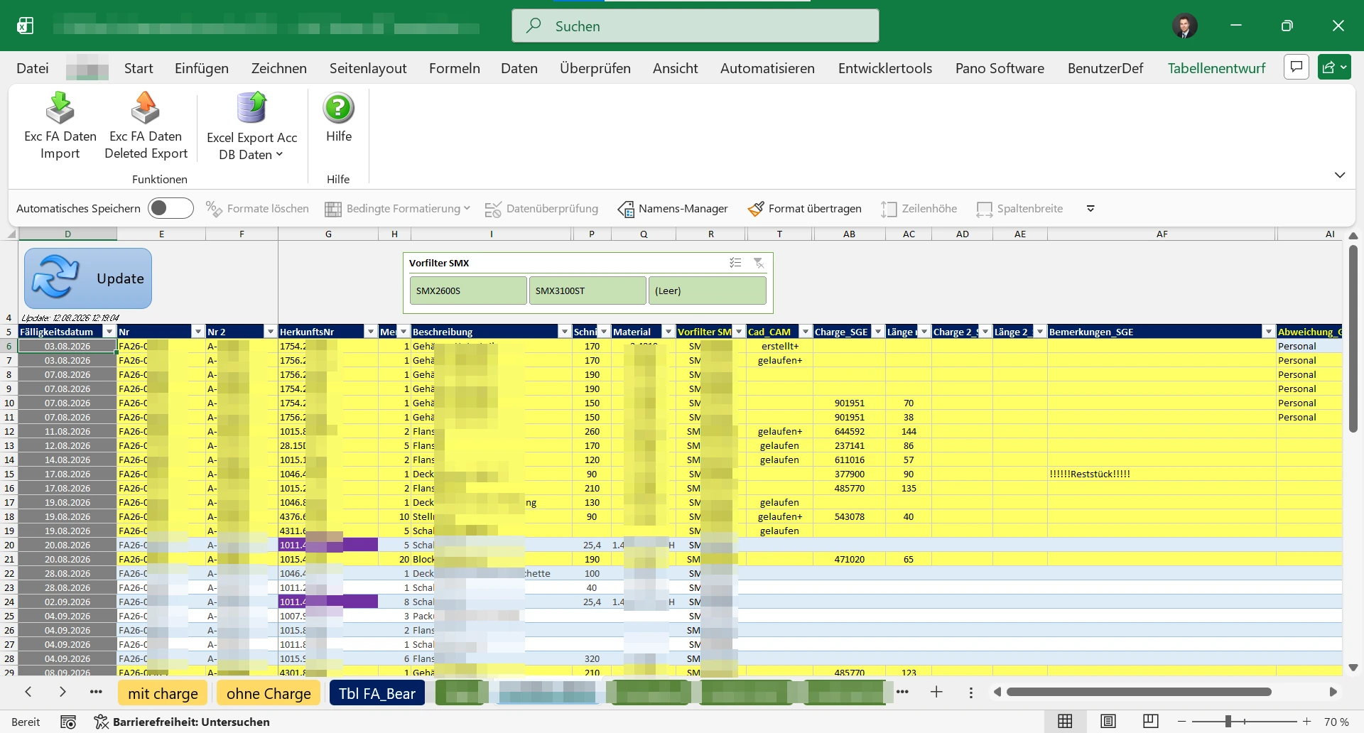 Excel-Fertigungsplanung bei CERA mit zentraler Access-Datenbank: mehrere Arbeitsplätze arbeiten parallel auf einem Datenstand.
